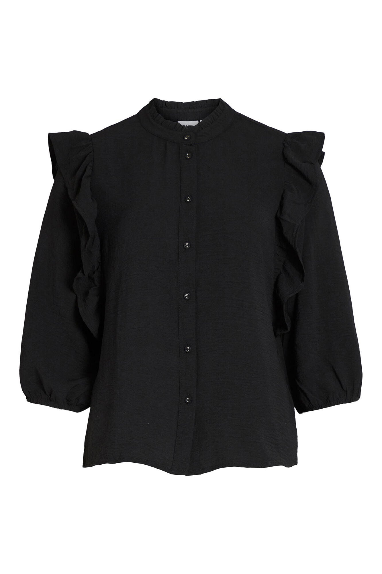 Blusa de manga comprida com babados. - Preta