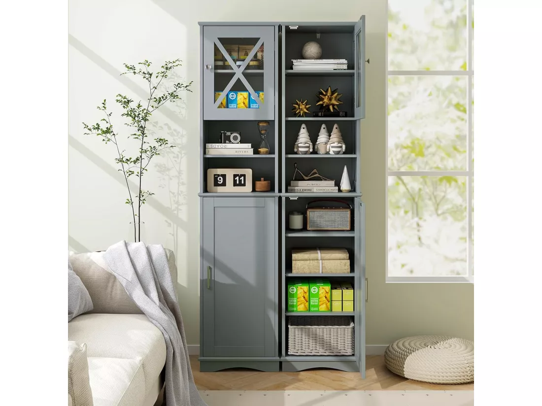 Armoire de Salle de Bain de 170 cm de Hauteur, Meuble de Rangement, Colonne, 5 Étagères Réglables, Placards à Porte, 2 Compartiments, Gain de Place, 30 x 40 x 170 cm, Gris