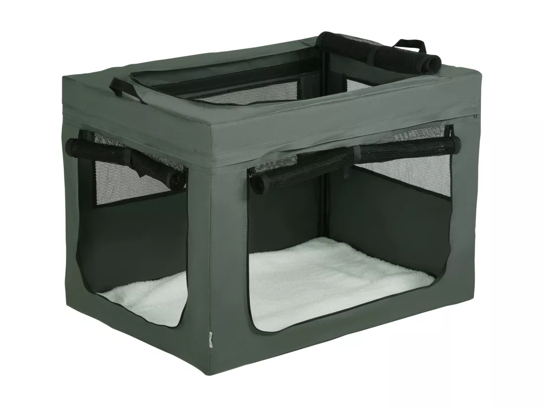 Sac de transport pliable pour chien chat - 2 poignées, 3 portes - dim. 89L x 62l x 62H cm - acier polyester gris