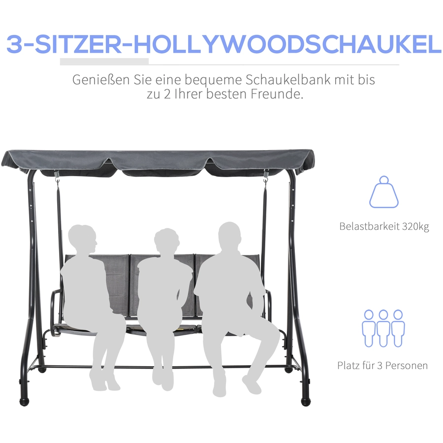 Outsunny 3-Sitzer Hollywoodschaukel mit verstellbarem Dach Grau