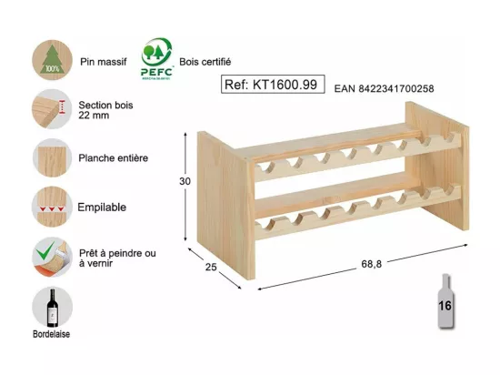 Casier à bouteilles empilable en pin Katea