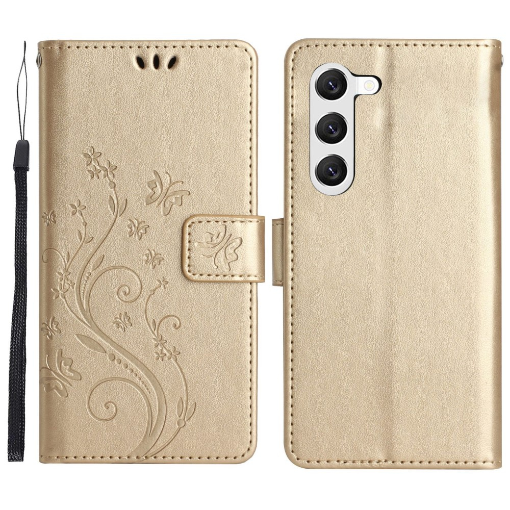 Samsung Galaxy S23 5G Leder Tasche mit Kartenfach   Handschlaufe Butterfly Flowers - Gold