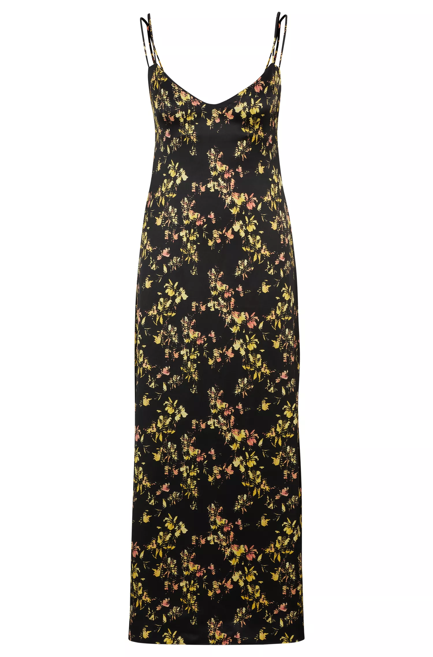 Vestido HUGO sem mangas com estampa floral vermelha e detalhes em renda.