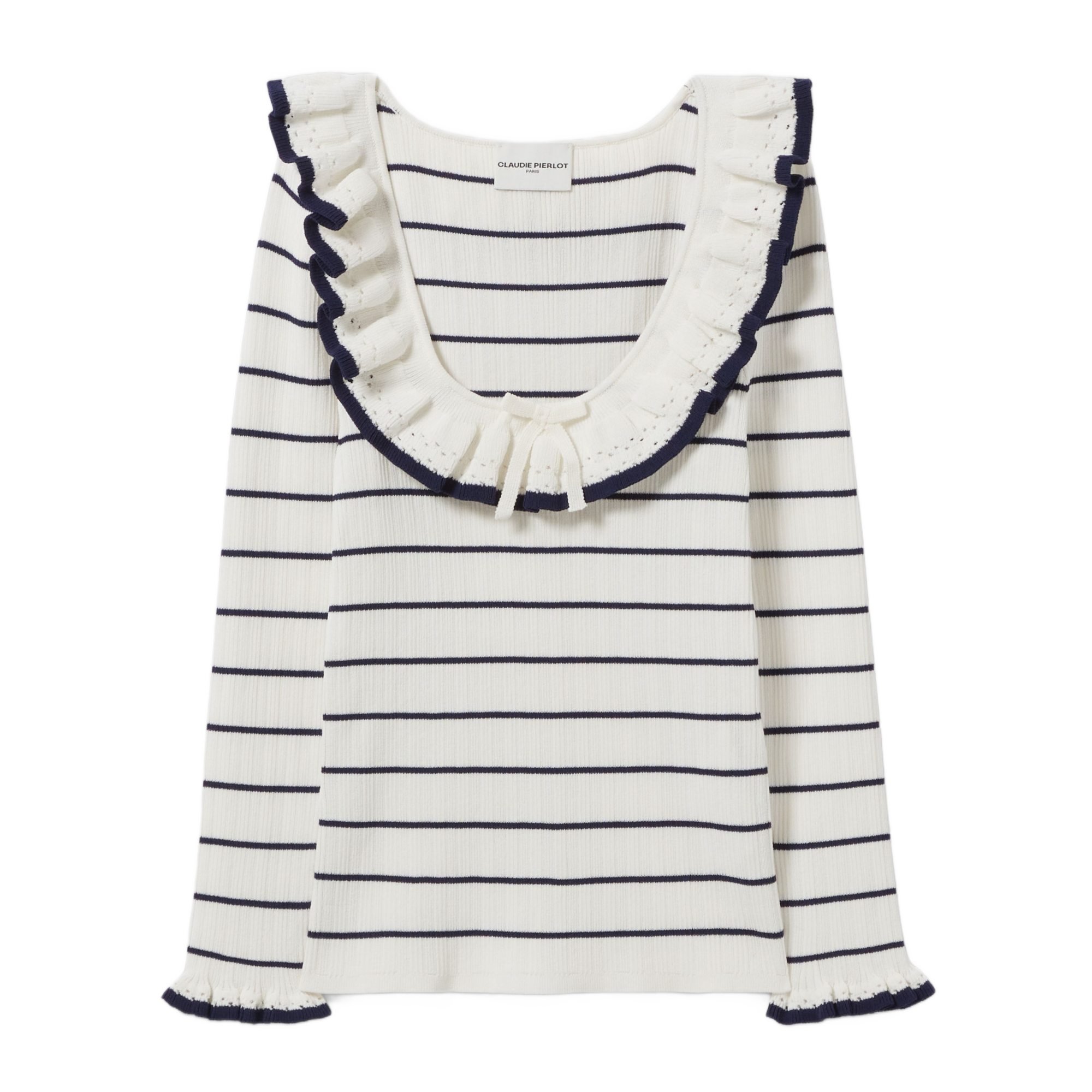 Top maille fine rayé volanté | Bleu