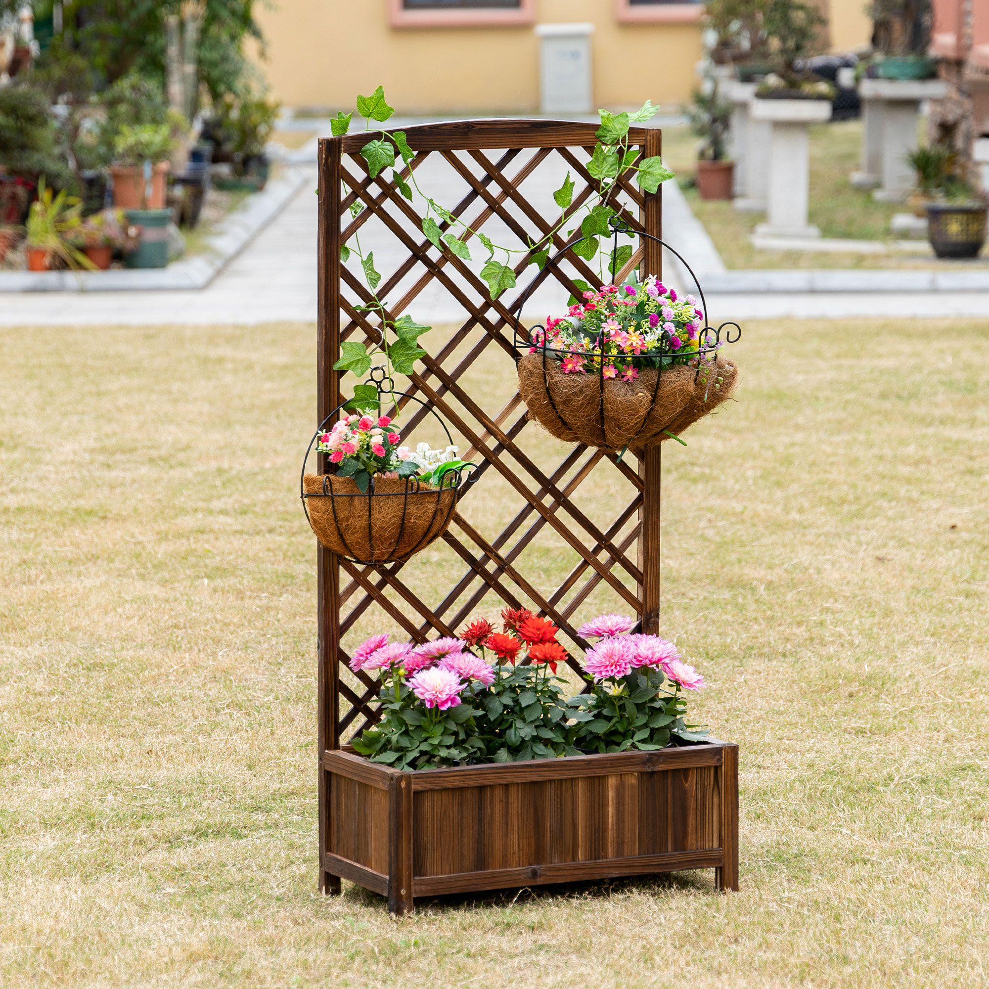 Vaso de treliça Outsunny, vaso de madeira com suporte para plantas trepadeiras, ideal para terraço, jardim e varanda, 60x30x122,5 cm, marrom.