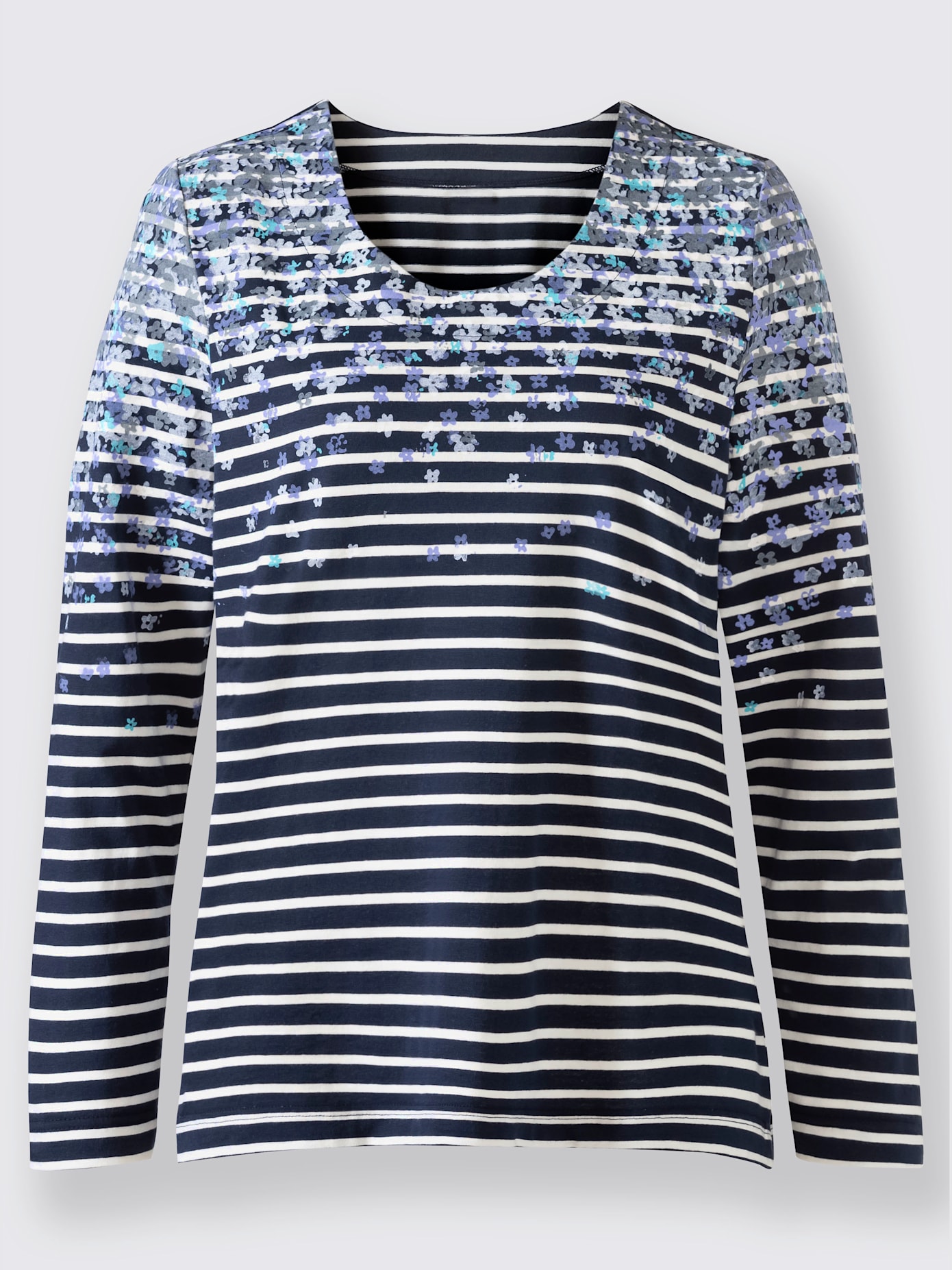 T-shirt rayé imprimé fleurs col rond manches longues