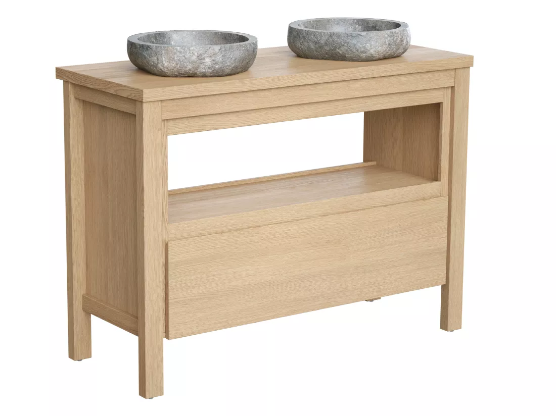 Meuble de salle de bain avec vasque à poser en pierre - Placage chêne - 120 cm - COSMOTI