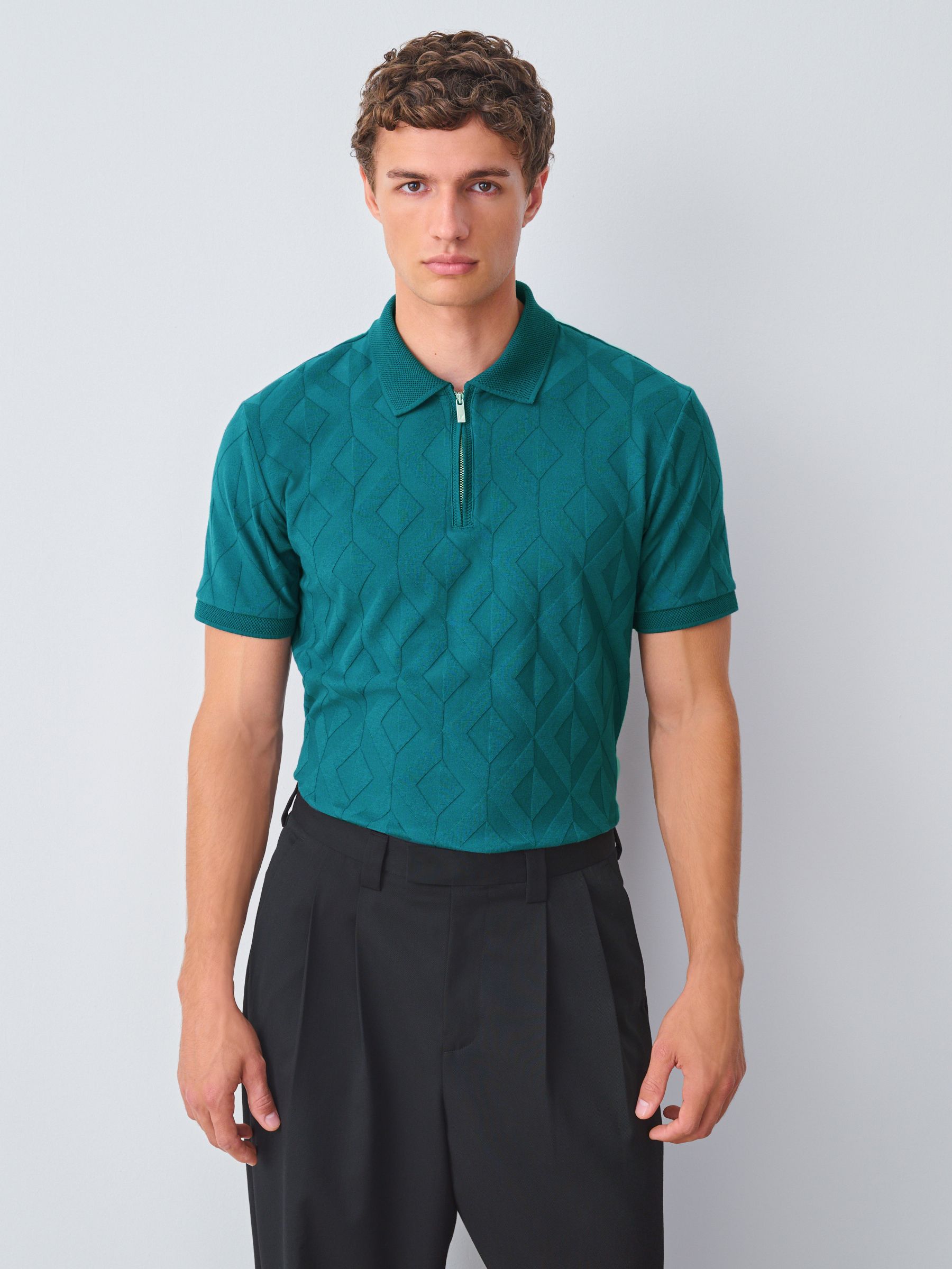 Blauwgroen - Normale Pasvorm - Net jacquard poloshirt