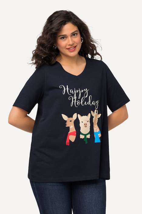 Weihnachts-Shirt, Tiere, A-Linie, V-Ausschnitt, Halbarm