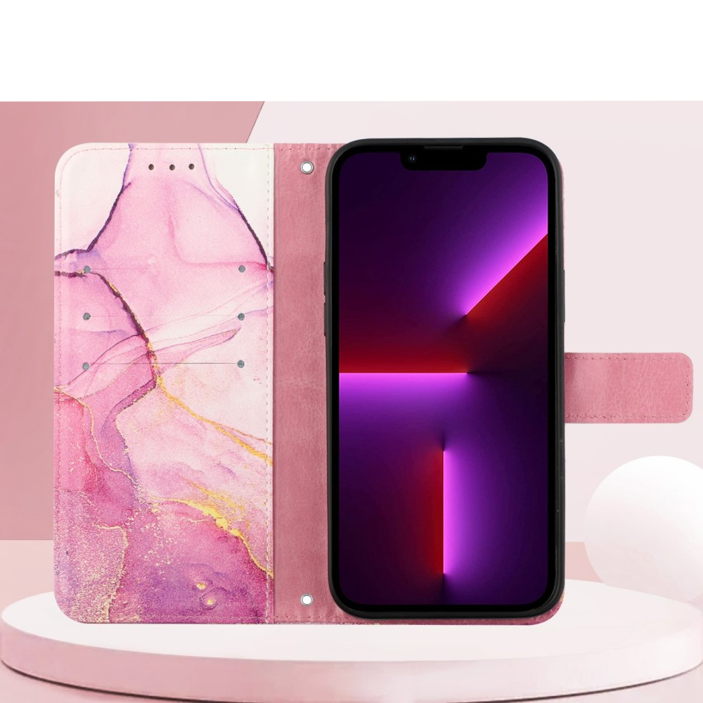 iPhone 12 / iPhone 12 Pro Leder Tasche mit Kartenfach   Handschlaufe Marble Marmor - Pink / Rosa