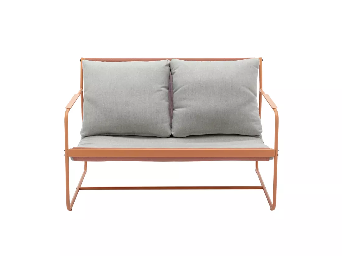 Salon de jardin en acier : 1 canapé 2 places, 2 fauteuils et 2 tables basses - Orange et coussins gris - LASIMO de MYLIA