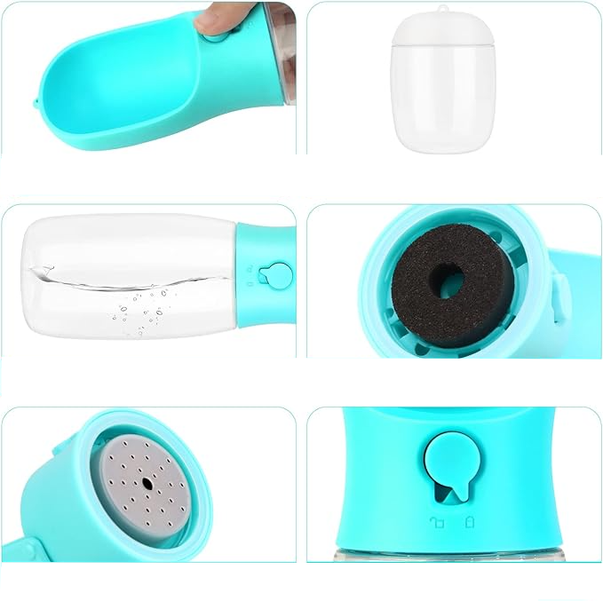 (300ml) 3in1 Portable Haustier Trinkflasche Hunde Leckerli Behälter Wasser / Futter / Kotbeutel Spender - Türkis