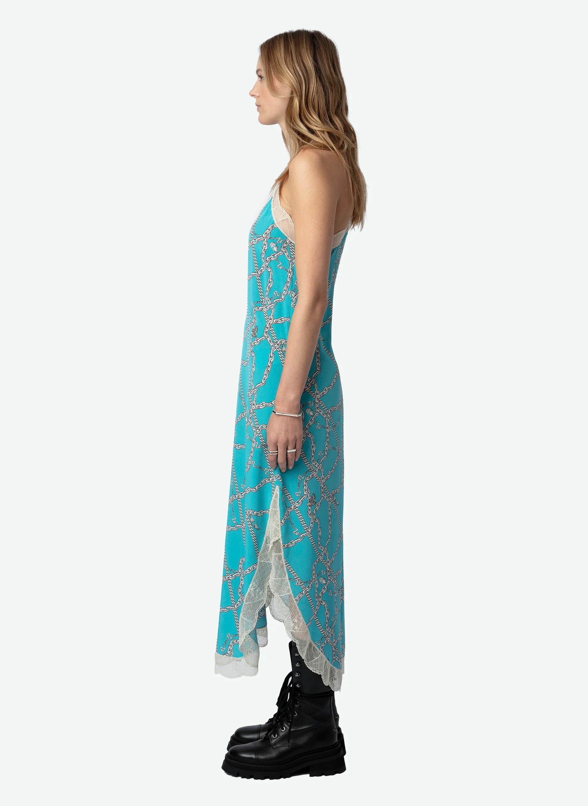 RISTYL - Robe longue imprimée à dentelle en soie | Bleu