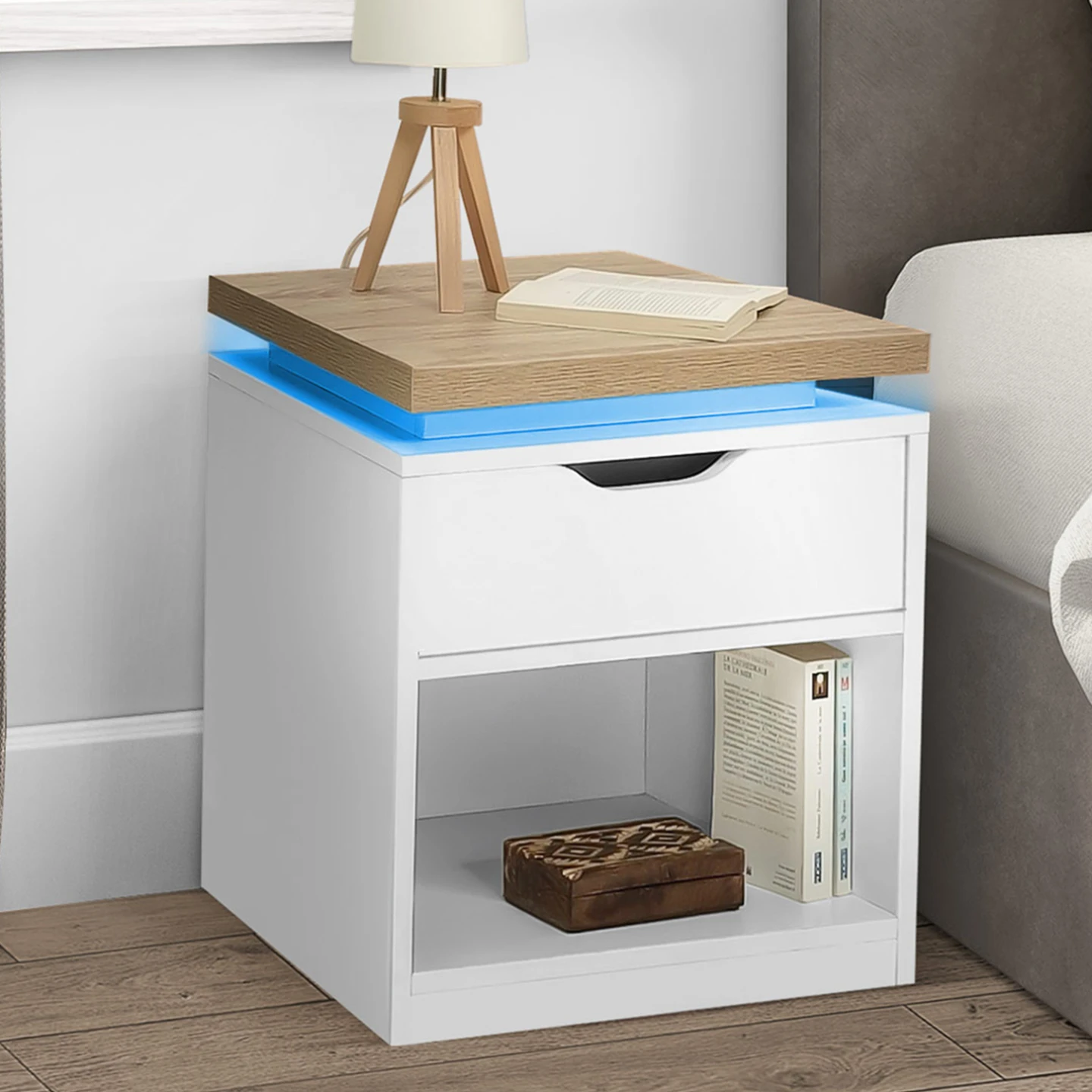 Lot de 2 tables de chevet LUNA à LEDS 1 tiroir avec niche blanc et plateau effet bois