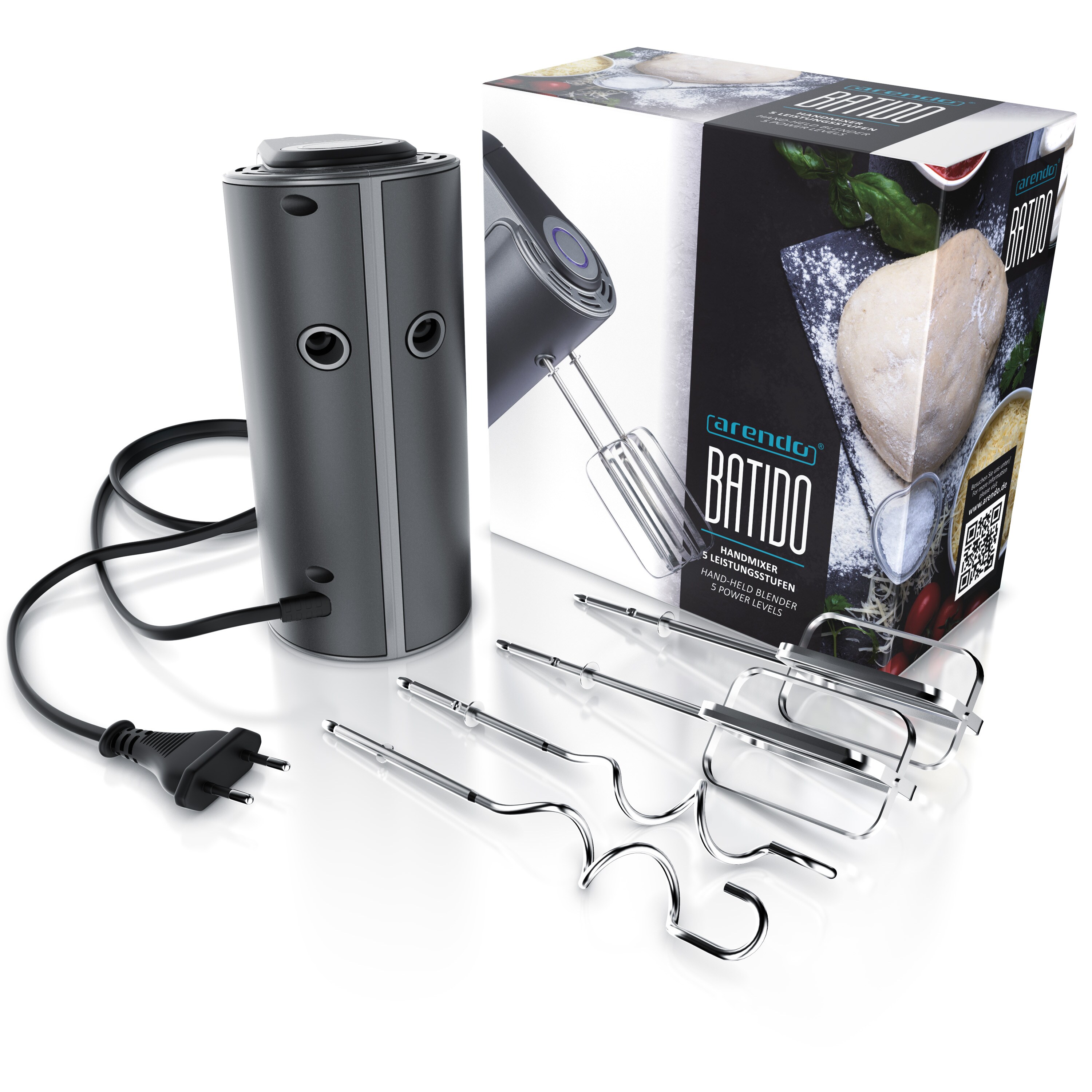 Arendo Handmixer aus Edelstah mit Turbostaste - Handrührer inkl. 2 Quirle & 2 Knethaken