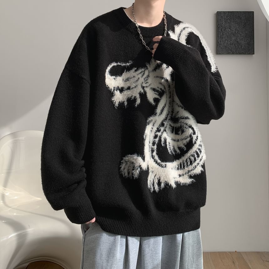 Breeson - Oversized trui met ronde hals en drakenprint