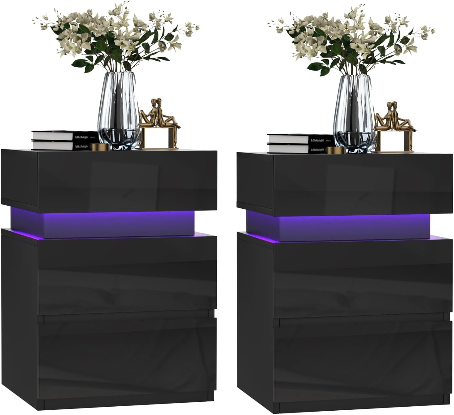 2er Set Nachttisch mit LED-Beleuchtung, Nachttisch Schwarz Hochglanz Beistelltisch, Einstellbare Farben, Sofatisch 3 Schubladen, Nachtschrank Schlafzimmer, 35x40x55cm, Schwarz