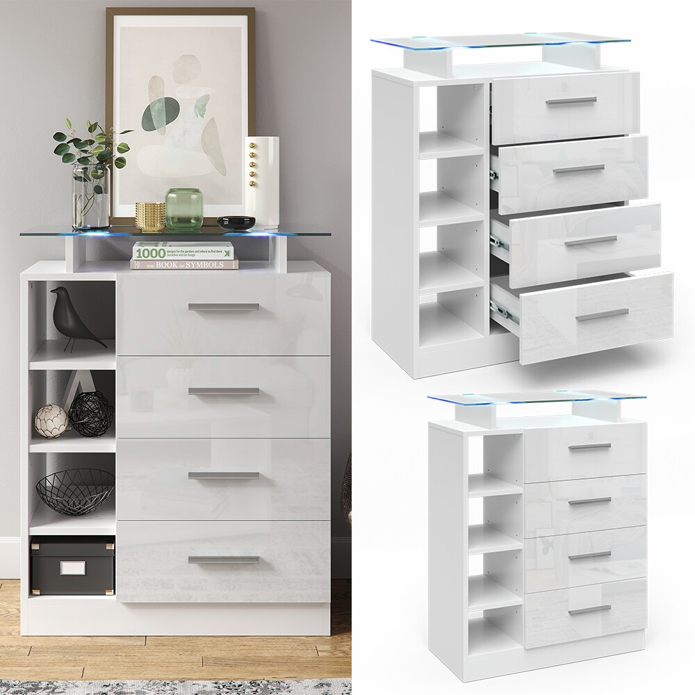 Vicco Kommode Asti 4 Schubladen Highboard LED Beleuchtung Glasablage Anrichte