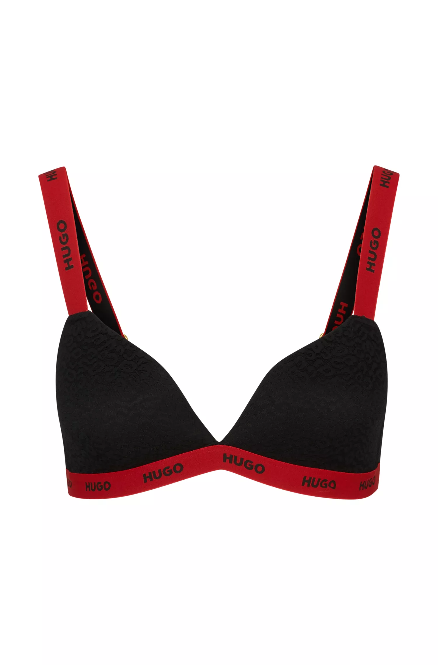 Sutiã triangular HUGO em renda vermelha com detalhes contrastantes da marca.
