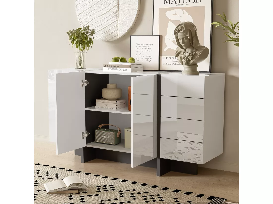 Buffet avec 2 portes et 3 tiroirs - 150 x 40 x 80.5 cm - MDF et panneaux de particules - Blanc brillant