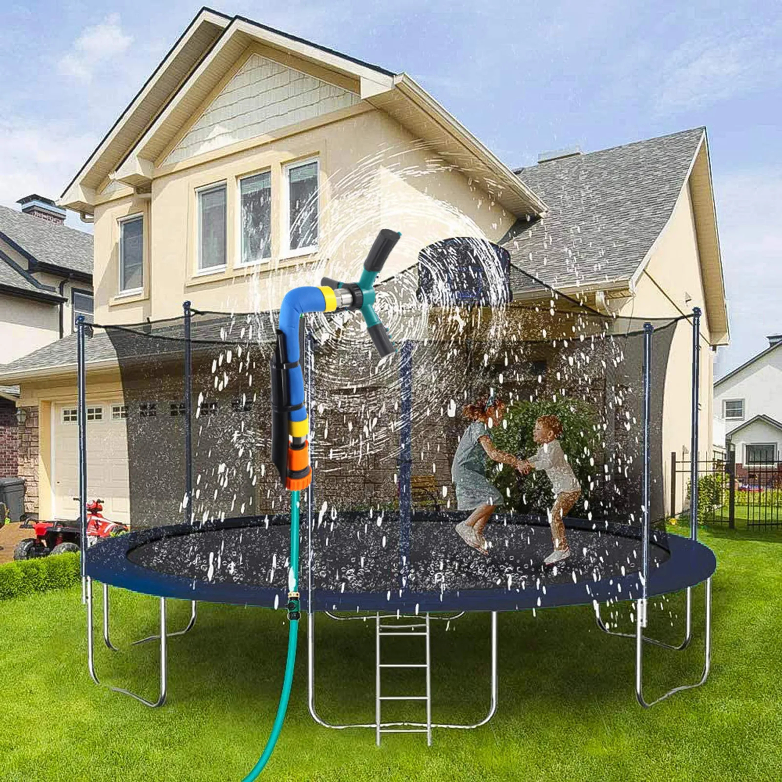 360° Drehbarer Trampolin Sprinkler Wasser Spielzeug mit 3 Sprühdüsen - Blau