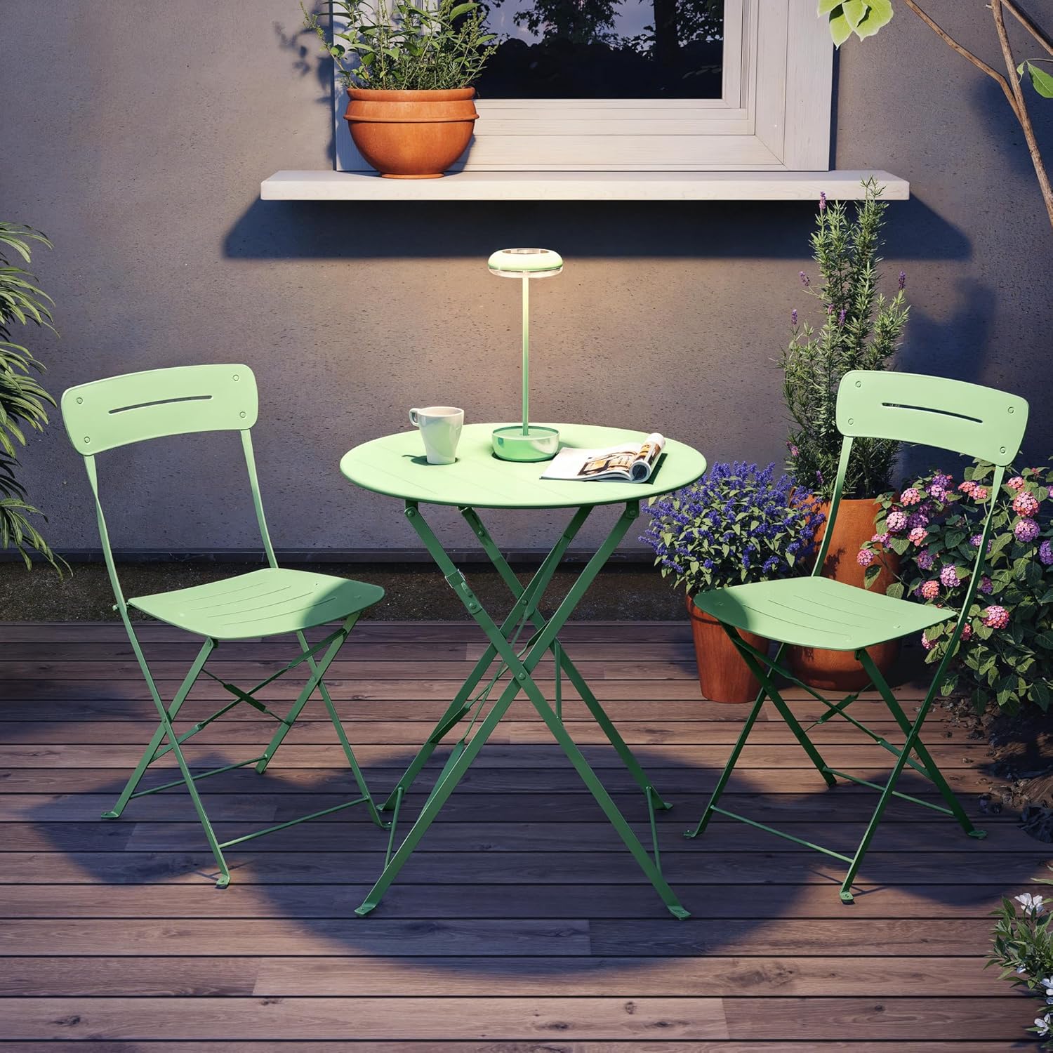Grand patio Bistrotisch mit 2 Stühlen, Balkonmöbel Set 3 Teilig, Terrassenmöbel Wetterfest, Bistro Set, Balkon Garten Möbel Set für Kleinen Balkon (grün)