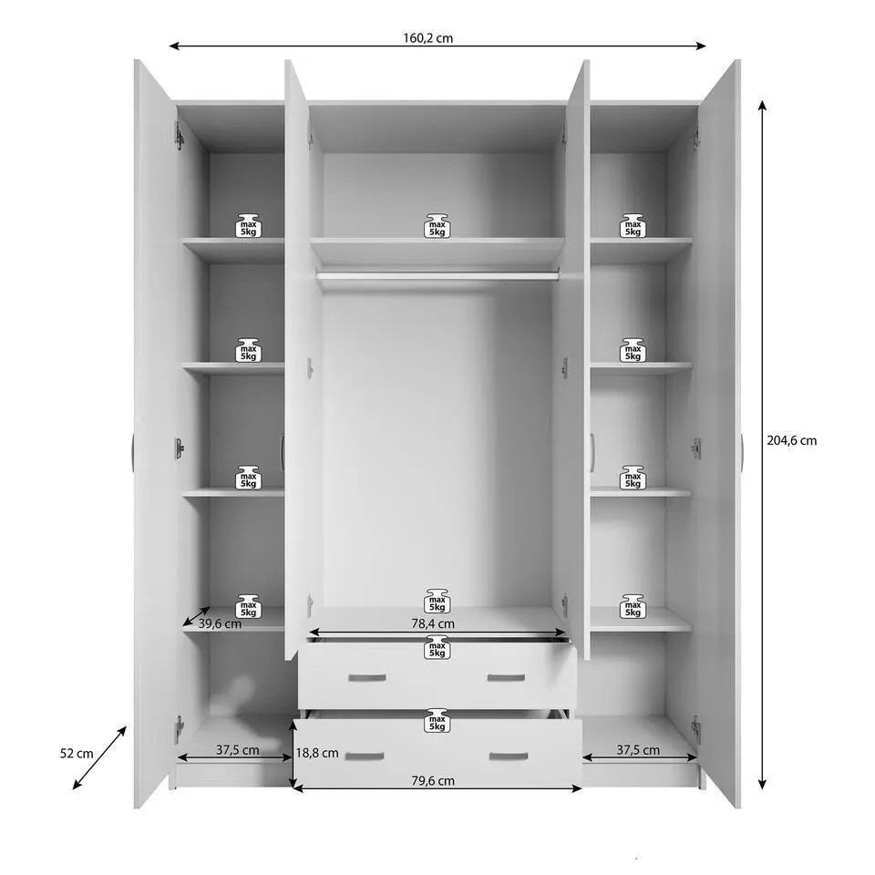 Meubella - Kledingkast Hinto - Eiken - 160 cm - Met spiegel