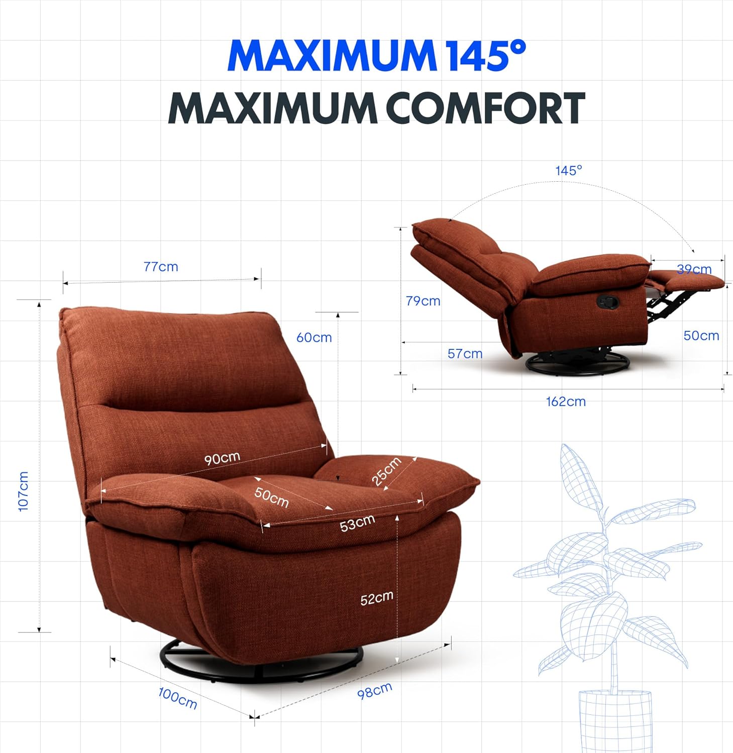 FLEXISPOT Relaxsessel, XC6, Manueller Sessel, Schlafsessel, Drehsessel mit Rocking, Liegesessel im Wohnzimmer, Fernsehsessel mit verstellbare Rückenlehne, Ruhesessel (Orange Brown)