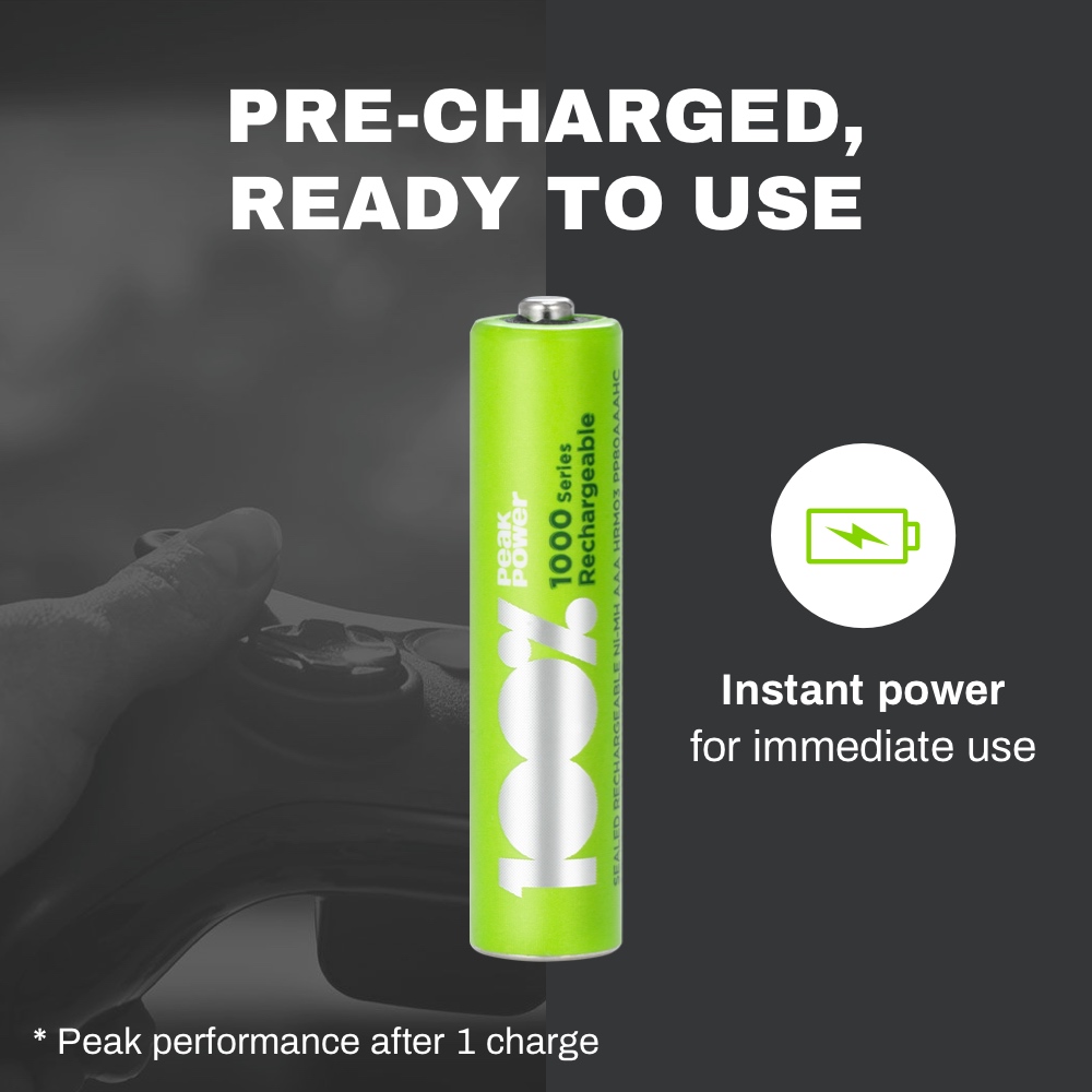 100%PeakPower set van 8 AAA Oplaadbare batterijen