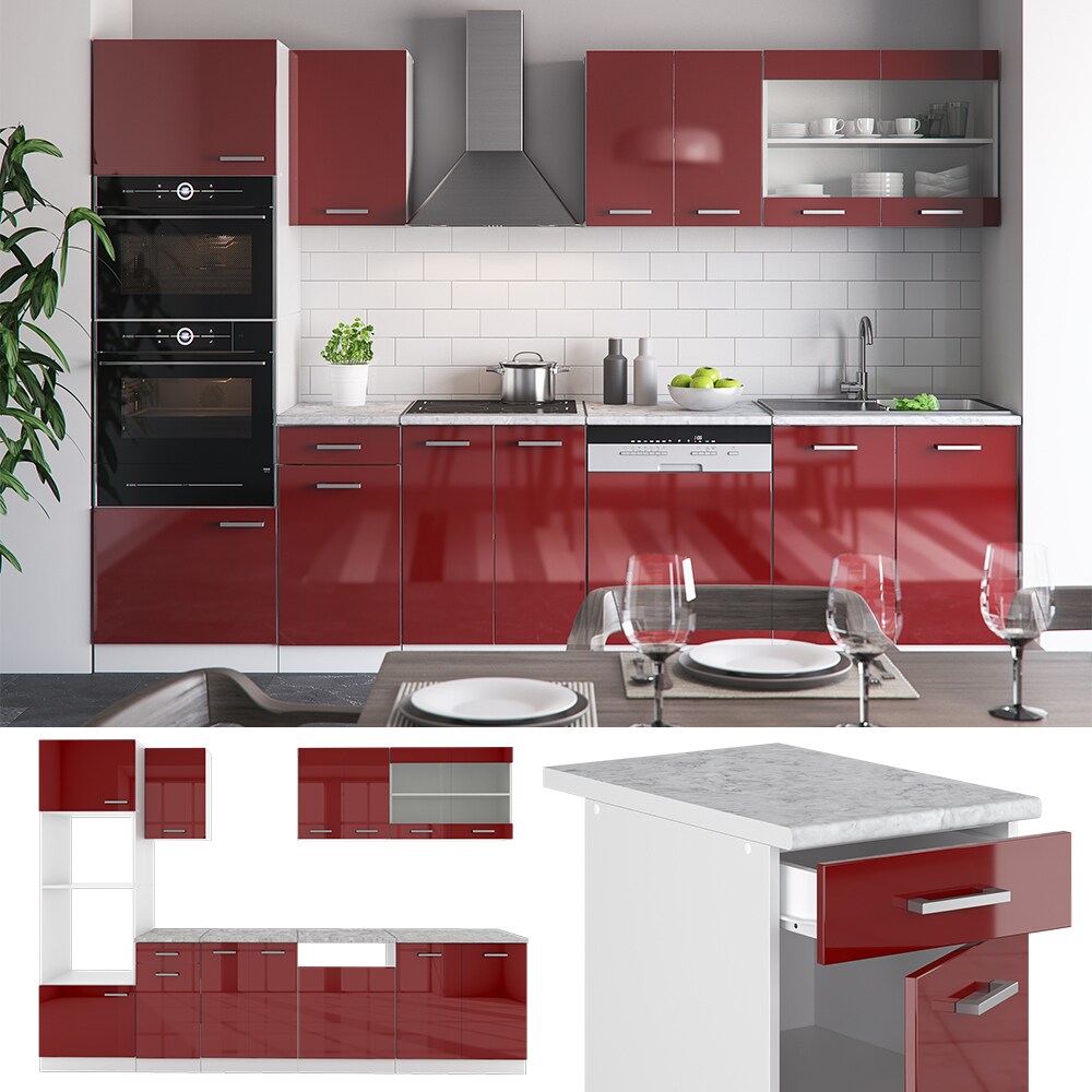 VICCO KÜCHE R-LINE 300CM KÜCHENZEILE KÜCHENBLOCK EINBAU ROT BORDEAUX HOCHGLANZ