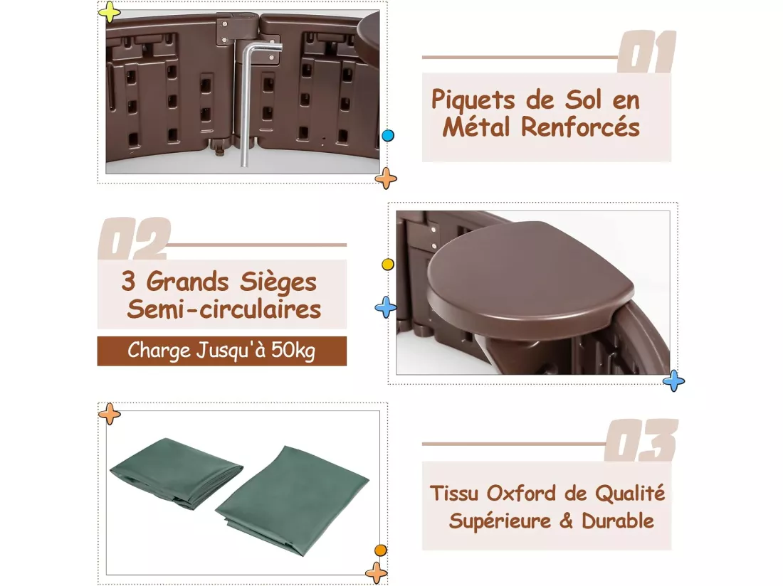 Bac à Sable Enfant Rond 120x120x21 cm en Plastique avec Couvercle Etanche Bâche Intégrée Sièges Doublure Inférieure Marron