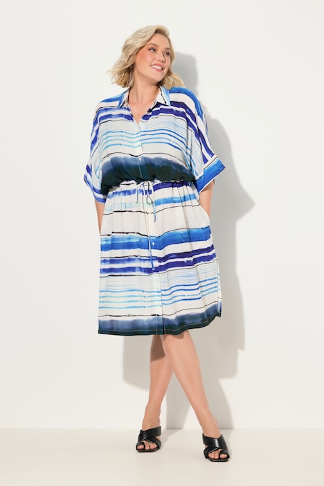 Midikleid, Streifen, Oversized, Hemdkragen, Halbarm