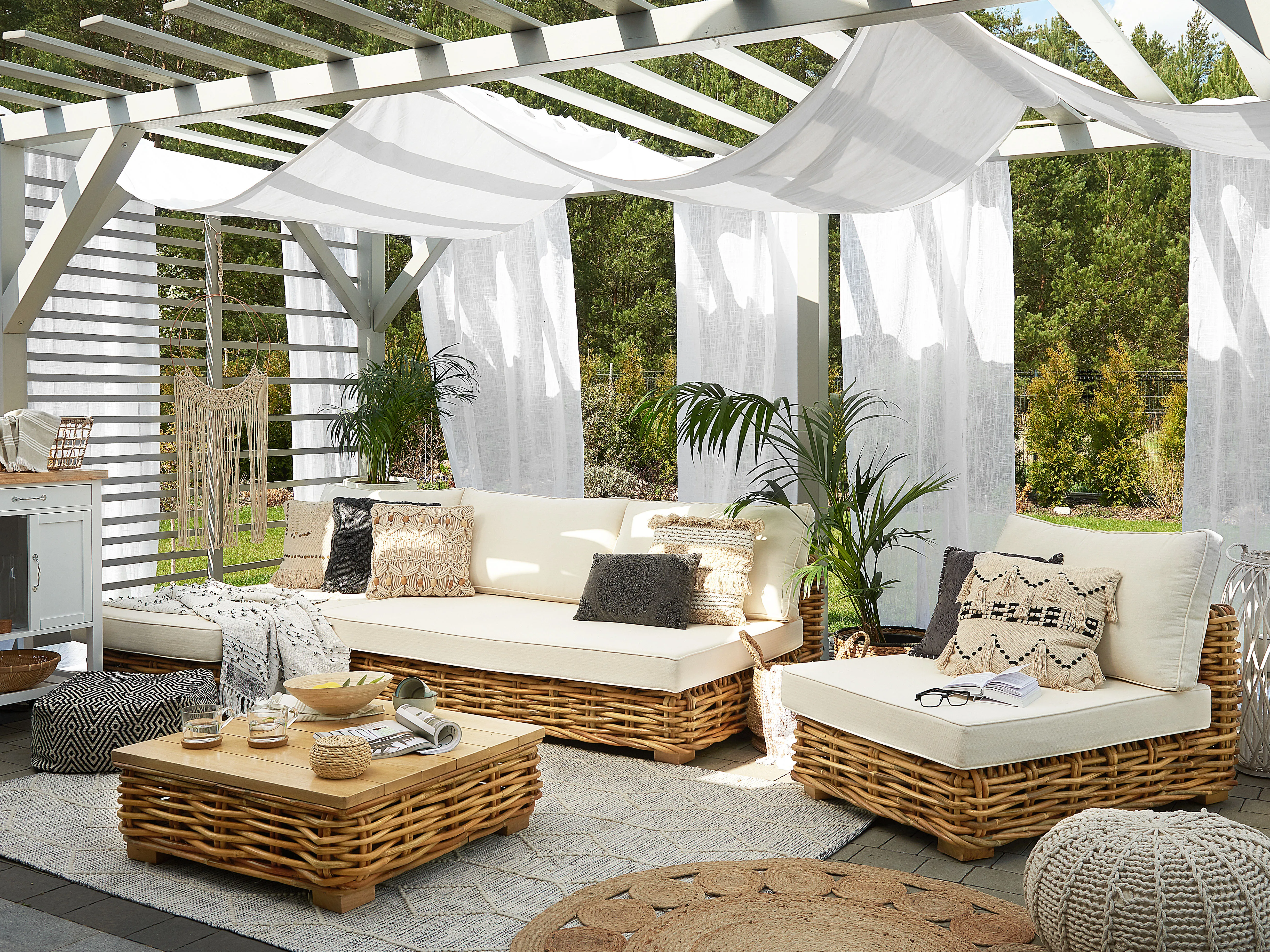 Loungeset met tafel 4-zits VARALLO rechtszijdig modulair Rotan Natuurlijk