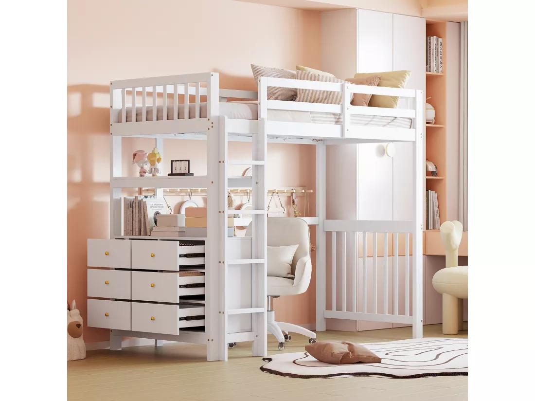 Lit mezzanine 90 x 200 cm avec avec bureau, étagère & 6 tiroirs - bois de pin et MDF - blanc (sans matelas)