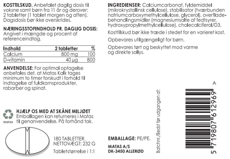 Matas Striber Kalk 400 mg + D-vitamin 20 µg 180 tabl.