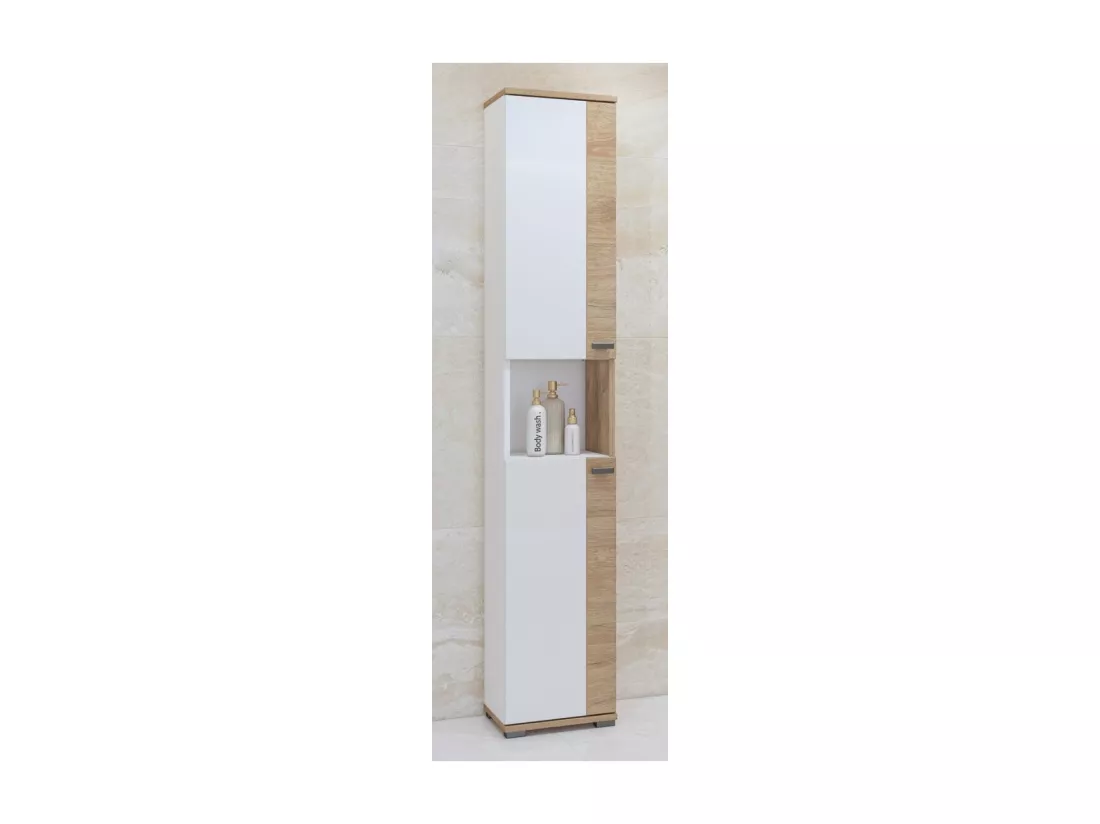 Colonne de salle de bain collection BALEA – 2 portes et 1 niche, coloris blanc et chêne