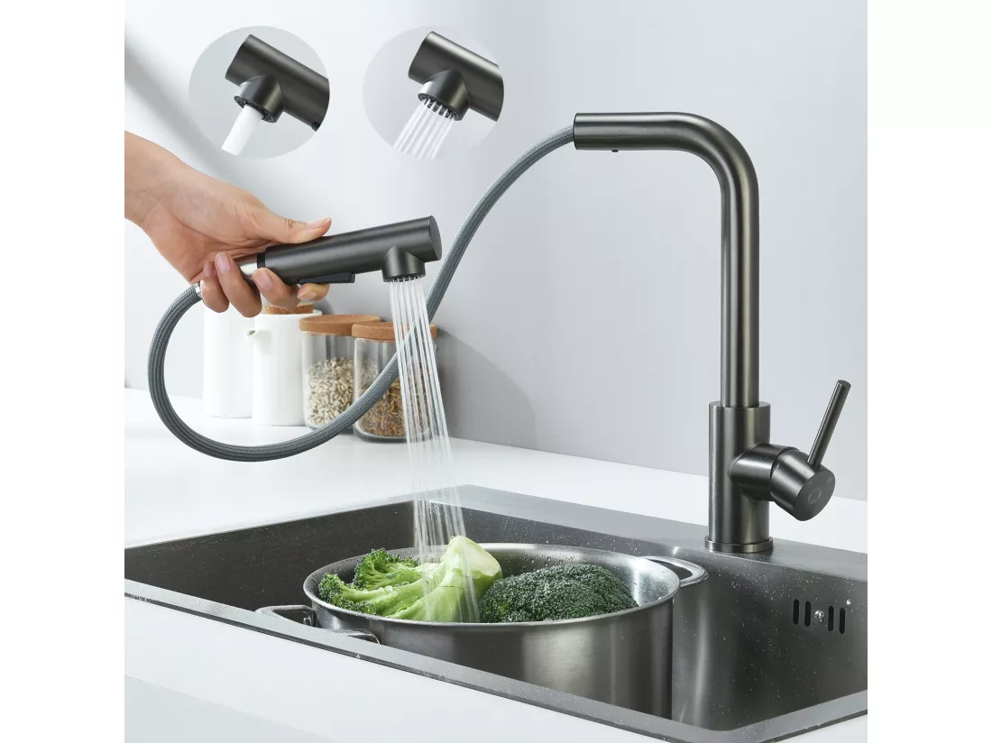 Cecipa max Robinet Cuisine Douchette, Mitigeur de Cuisine Avec Douchette Extractible, Robinet d'Évier à 2 Types de Jets, Gris Noir,EU Modèle