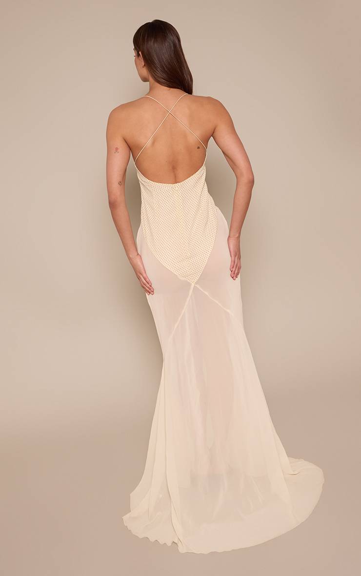 Champagne Robe Longue Maxi En Satin À Pois Avec Panneau Contrasté Et Col En V