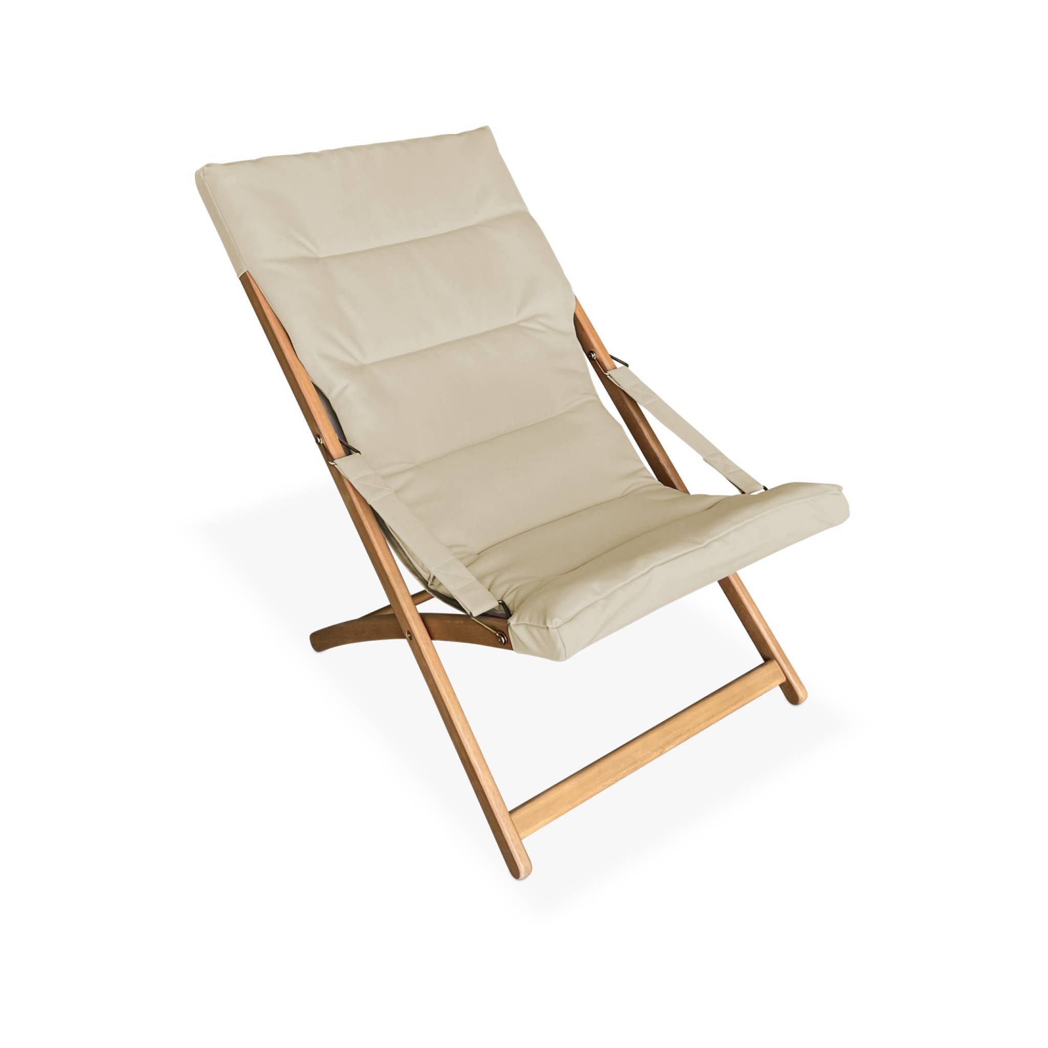Lot de 2 chiliennes beige en bois. Pliables. Assise rembourrée