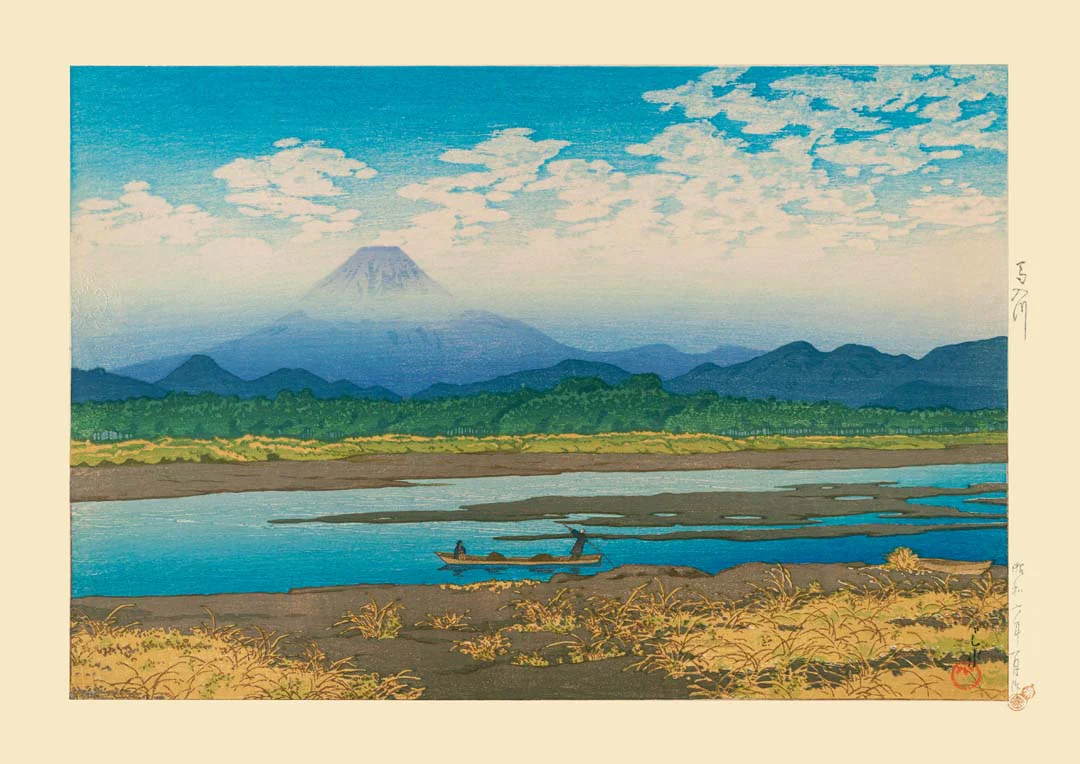 Mt Fuji vom Fluss Banyu aus gesehen Kunstdruck von Hasui