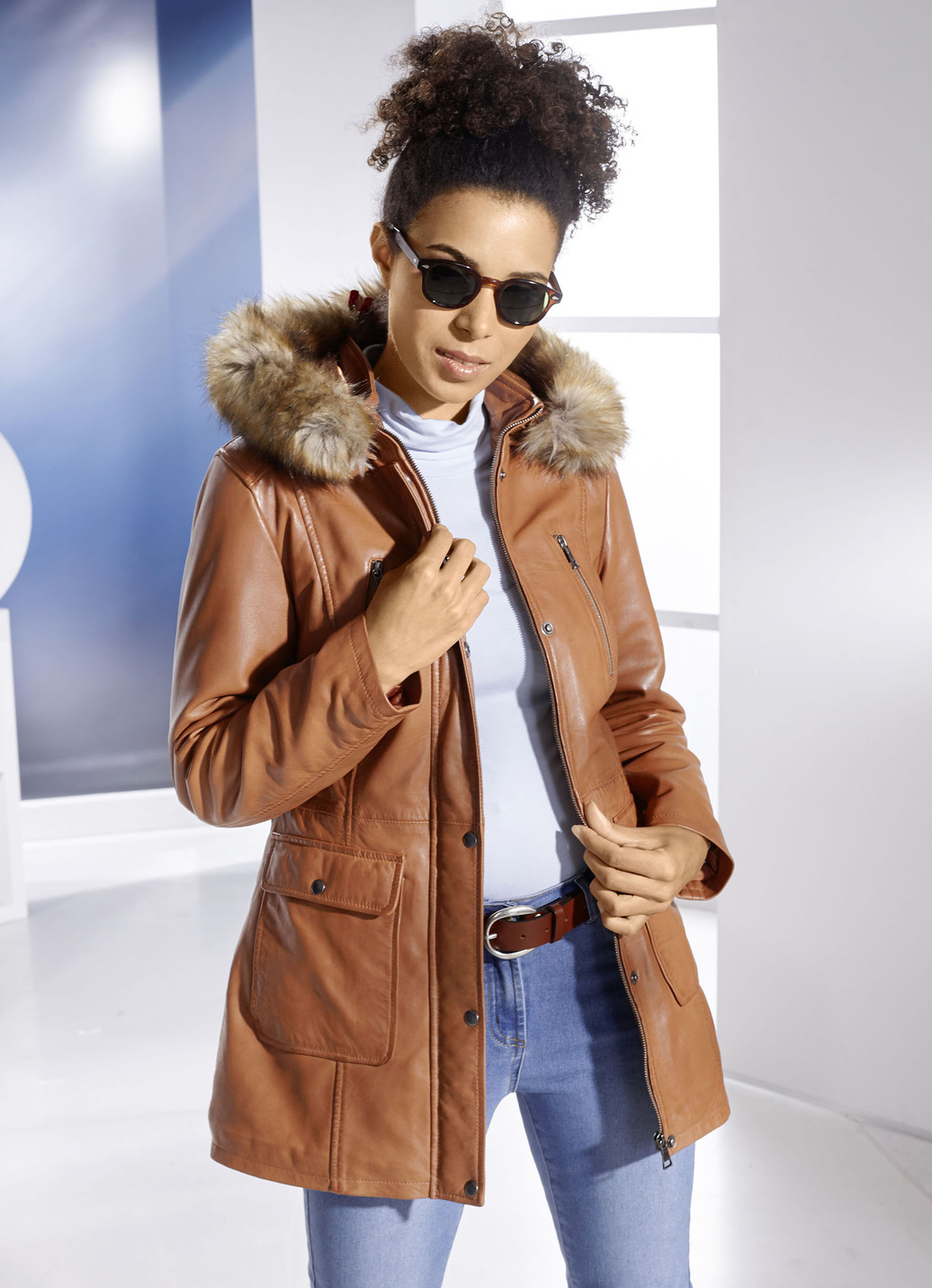 Lederjacke mit Webpelzbesatz