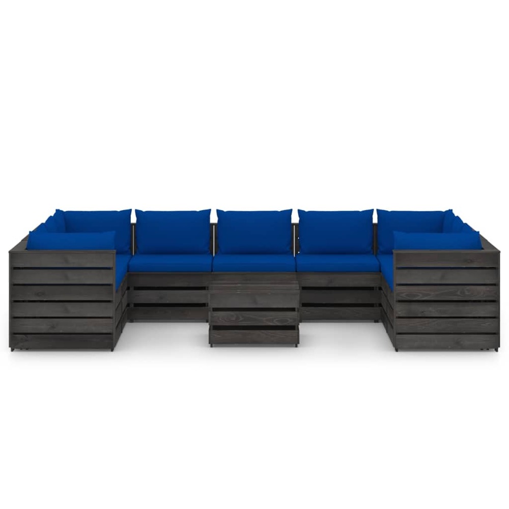 Salon de jardin meuble d'extérieur ensemble de mobilier 10 pièces avec coussins bois imprégné de gris