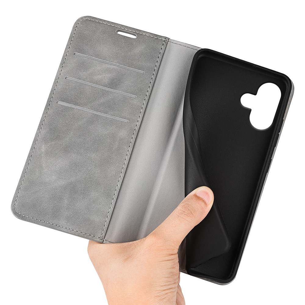 iPhone 16 Vintage Leder Tasche Flip Cover Fashion Design - Grau