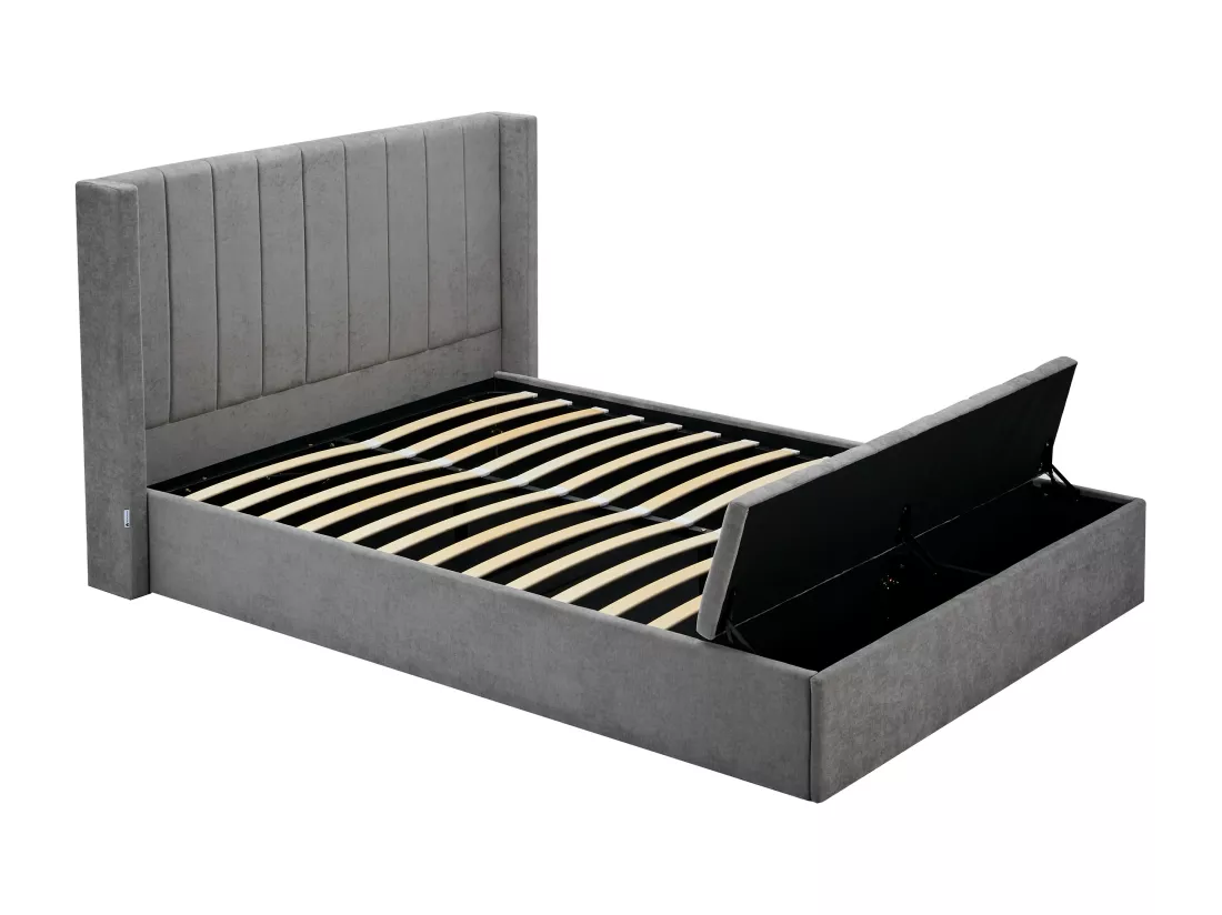 Lit coffre 180 x 200 cm avec banc - Tissu - Gris + Matelas - DOUINO