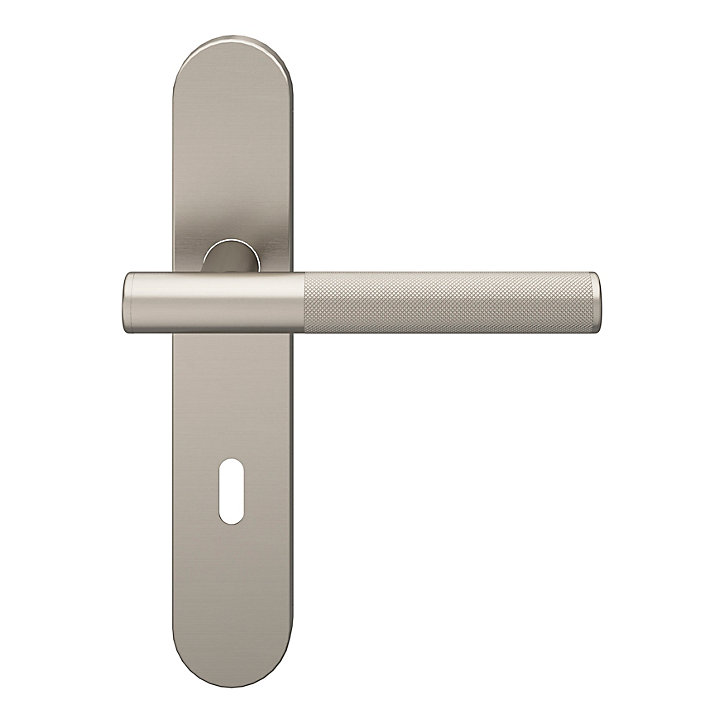 Ensemble poignée sur plaque rond serrure GoodHome Irus effet nickel satin gris L.150mm x l.42mm entraxe 165-195mm