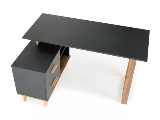 Bureau d'angle anthracite et bois 2 tiroirs 2 niches Vitim XL