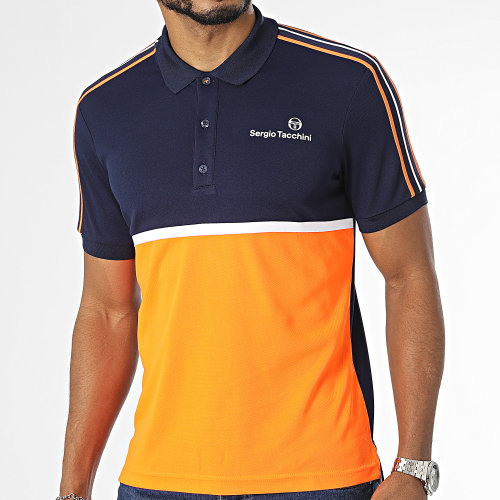 Polo Manches Courtes A Bandes Lista 39977 Bleu Marine Blanc Orange Fluo