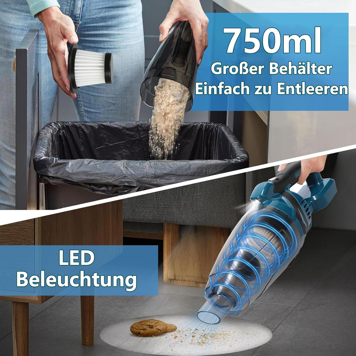 Akku Staubsauger für Makita Akku 18V, Starke 10000Pa Kabellos Handstaubsauger Akku mit LED Beleuchtung und Groß 750mL Staubbehälter für Auto, Haus (Blau mit 1 Batterie)