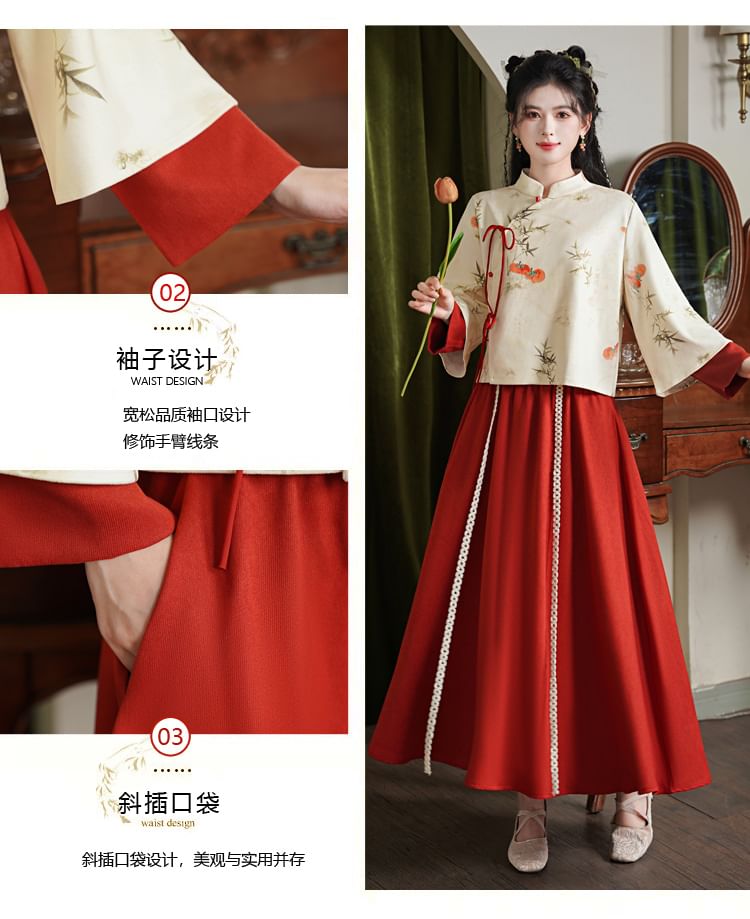 Fioridi - Hanfu-top met lange mouwen en bloemenprint en strik / Hoge taille effen midi-A-lijn rok
