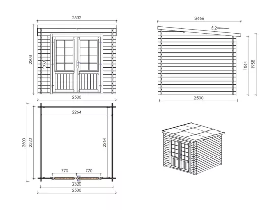 Abri de jardin en bois - 6,25m2 - 2,50x2,50m - Traité - Ep. 28mm - Couleur: vert - DOM724 - ALTANKA